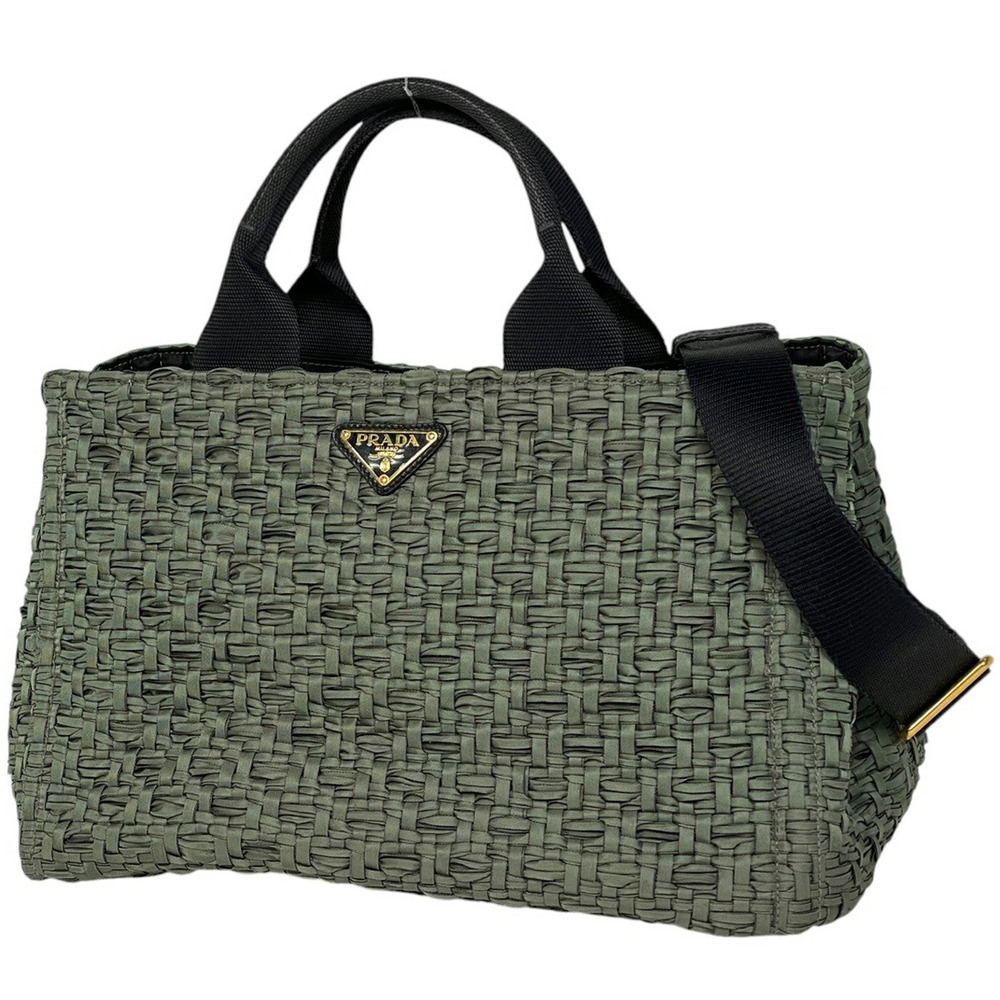 Prada Logo Plate Tote Bag Shoulder Woven Green - Picture 1 of 7